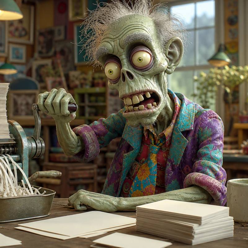 A zombie mascot cranks a hand-operated paper sorter to clear a pile of documents at a cluttered desk, with a coffee mug and organized index cards nearby.