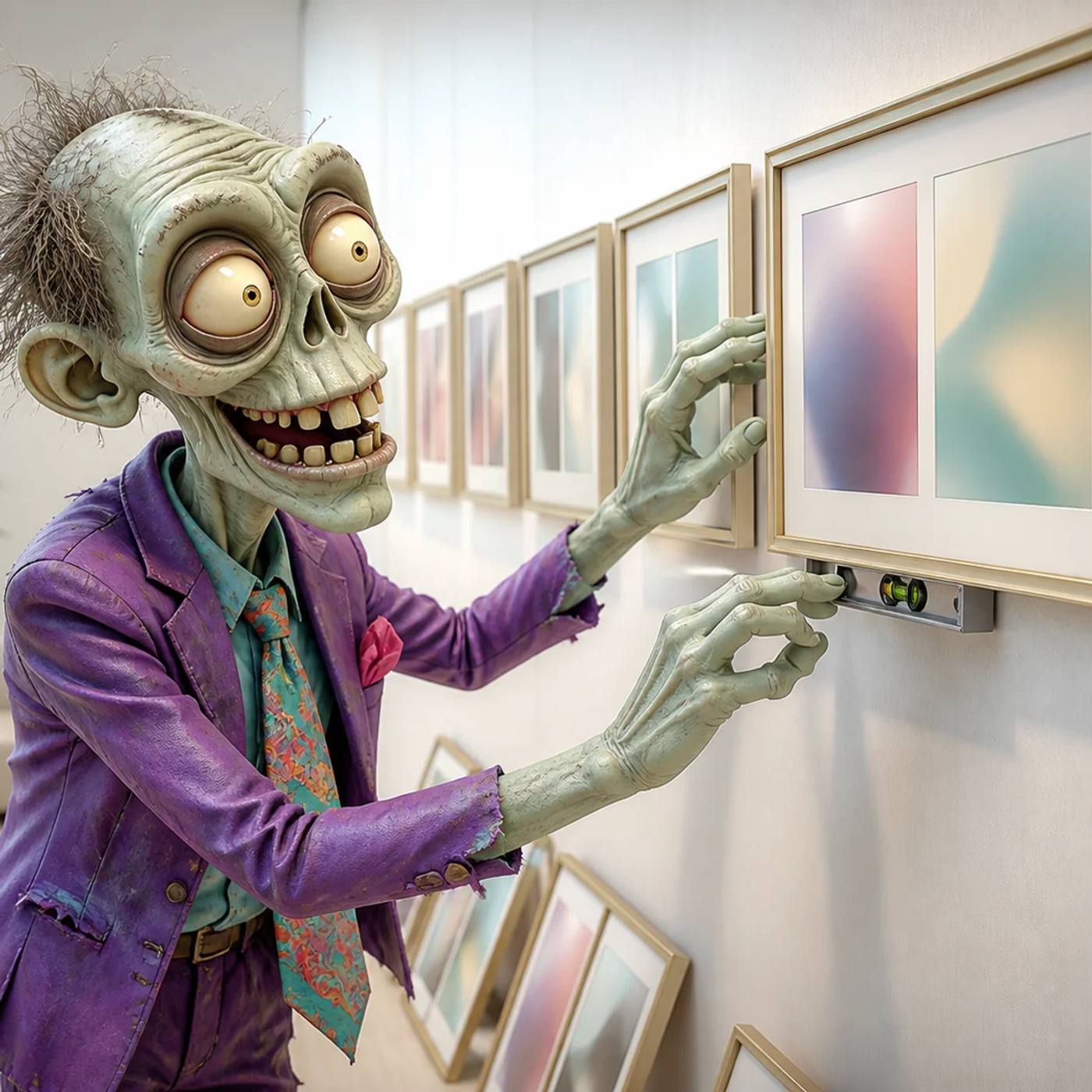 Illustration of a zombie mascot hanging a neat row of framed before-and-after style graphics on a clinic lobby wall, using a small level to line them up perfectly.
