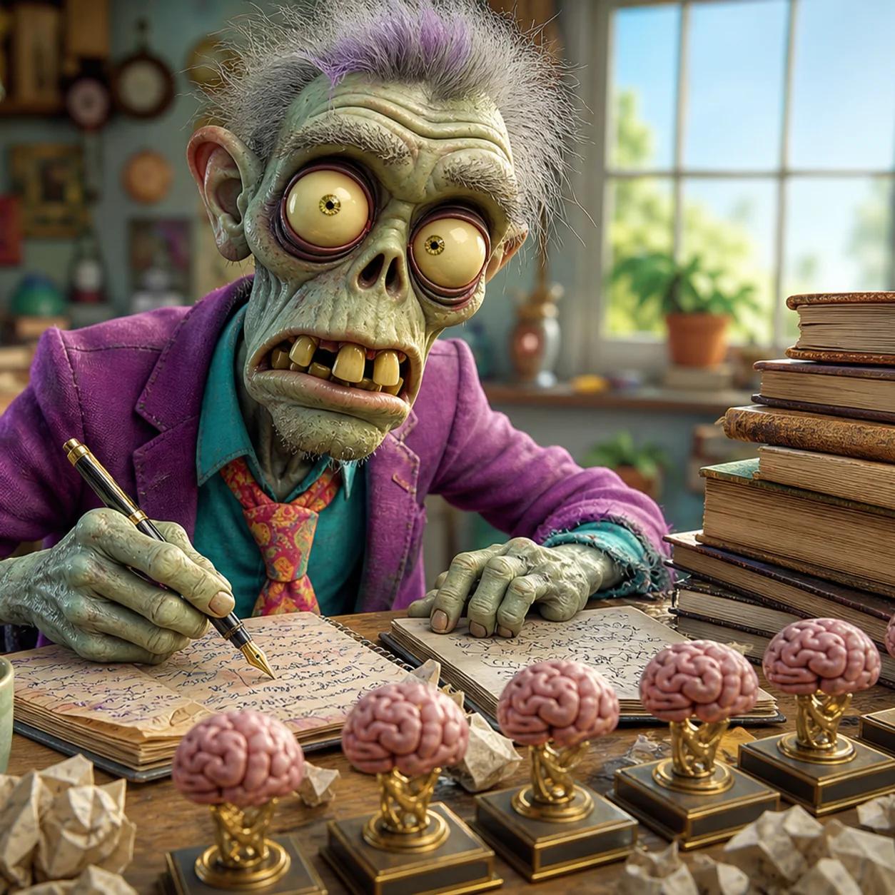 A cartoon zombie sits at a messy desk covered in crumpled paper and notebooks, writing with a fountain pen beside a cold coffee cup and a row of small brain-shaped trophies.