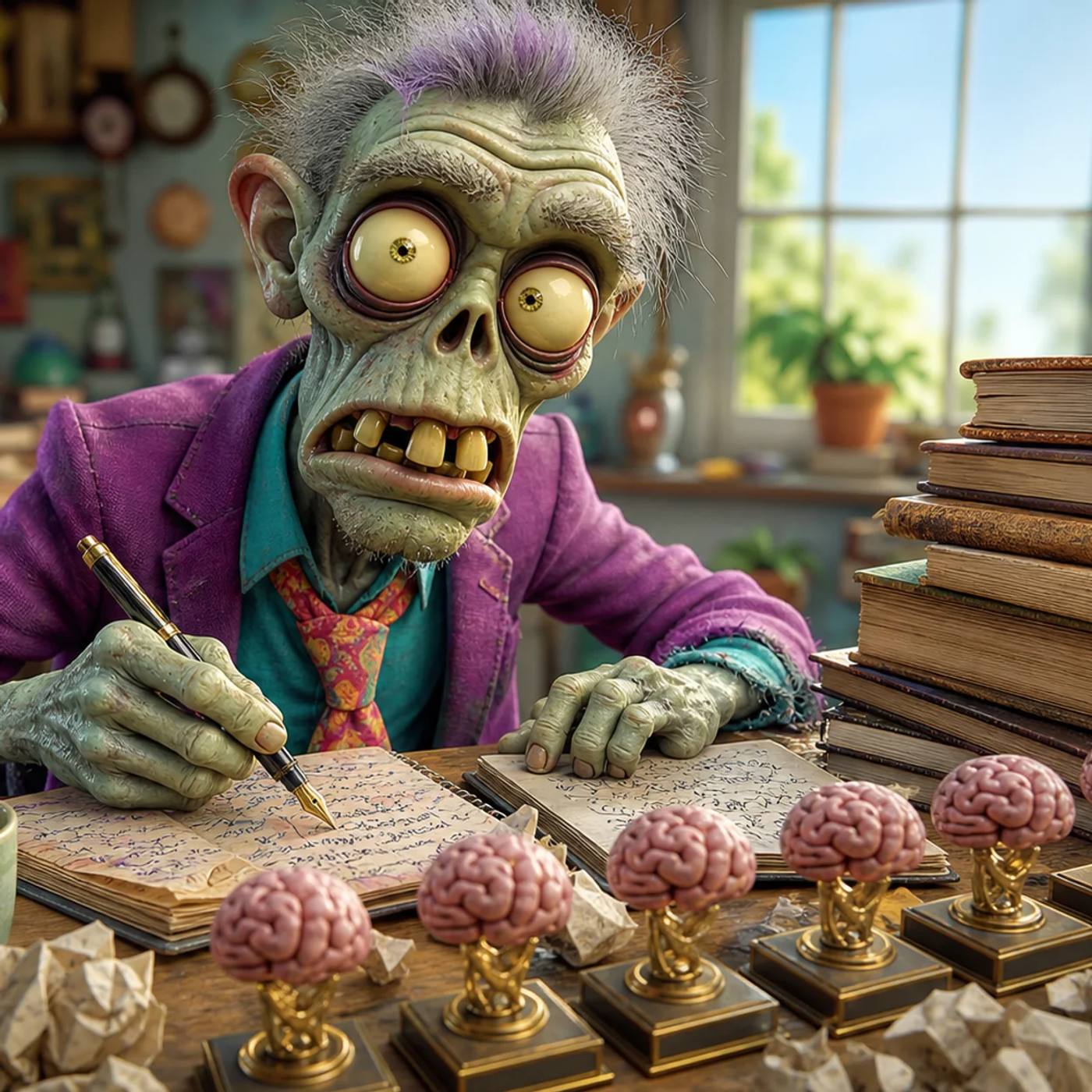 A cartoon zombie sits at a messy desk covered in crumpled paper and notebooks, writing with a fountain pen beside a cold coffee cup and a row of small brain-shaped trophies.