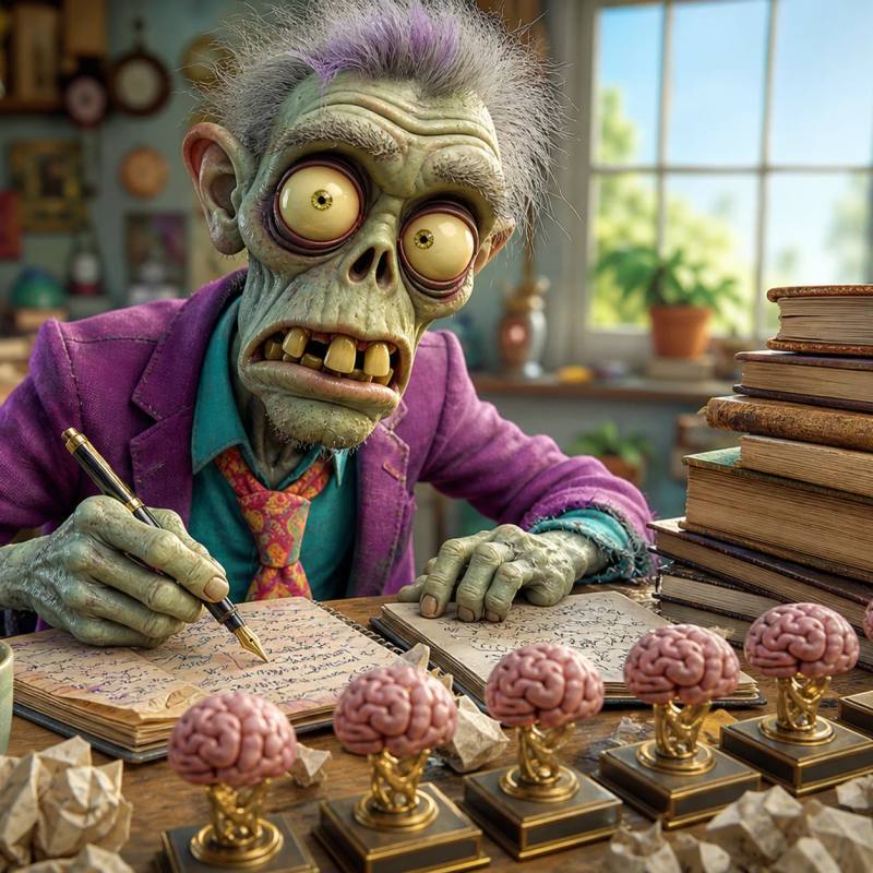 A cartoon zombie sits at a messy desk covered in crumpled paper and notebooks, writing with a fountain pen beside a cold coffee cup and a row of small brain-shaped trophies.