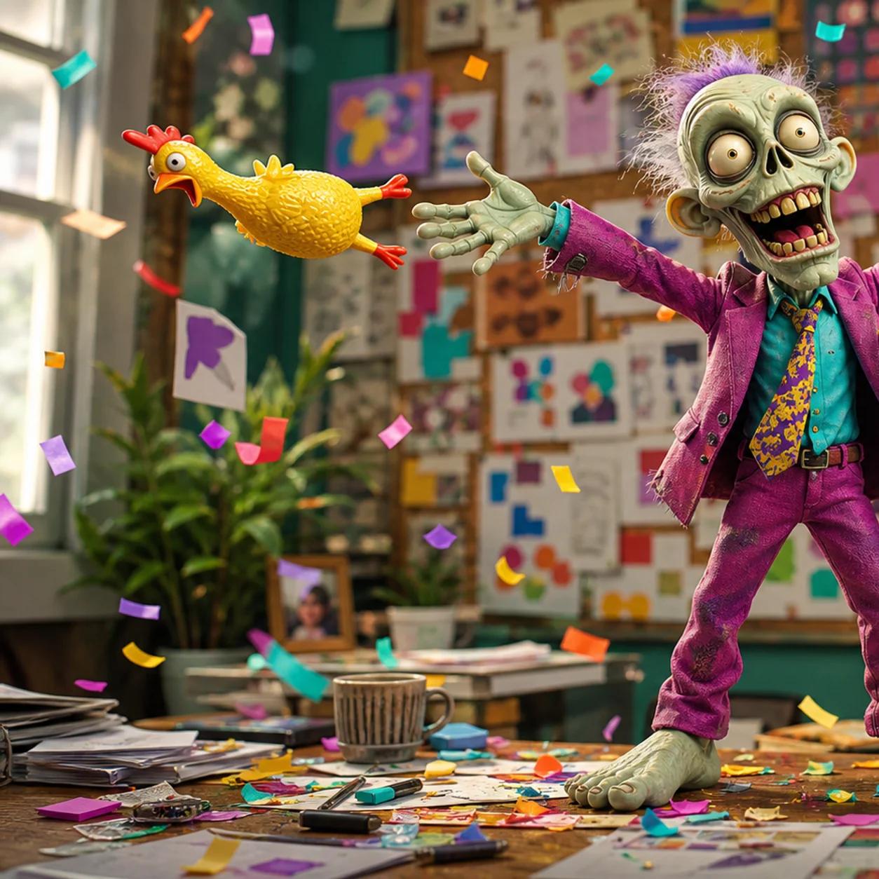 An illustrated zombie mascot stands on a desk with arms raised triumphantly, surrounded by falling confetti and quirky props like a rubber chicken and a disco ball, in front of a corkboard covered in colorful, mismatched marketing sketches.