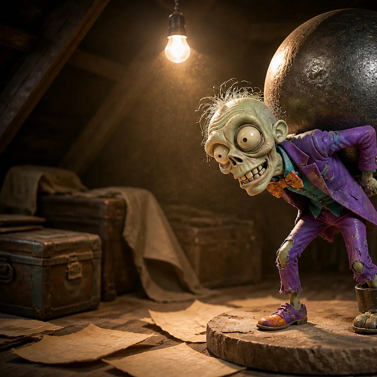 An illustrated zombie mascot strains under the weight of a giant rusted ball-and-chain covered in old locks, standing in a dim attic surrounded by crumpled, scribbled-on papers.