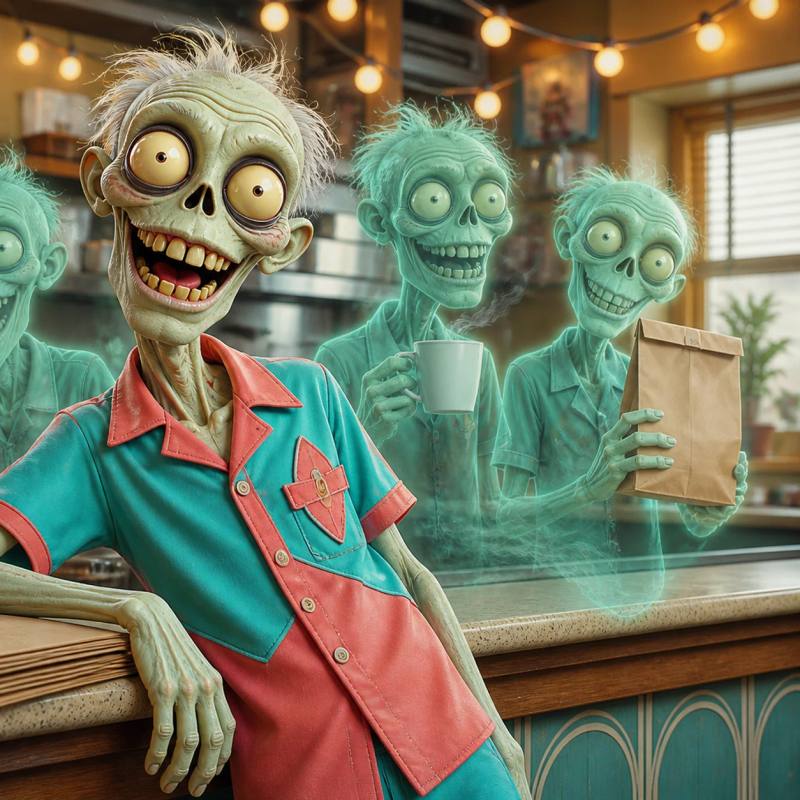 An illustrated zombie mascot stands contentedly at a diner counter, with several translucent duplicate versions of itself in different poses fanning out behind it, surrounded by cozy string lights and a blank menu board.