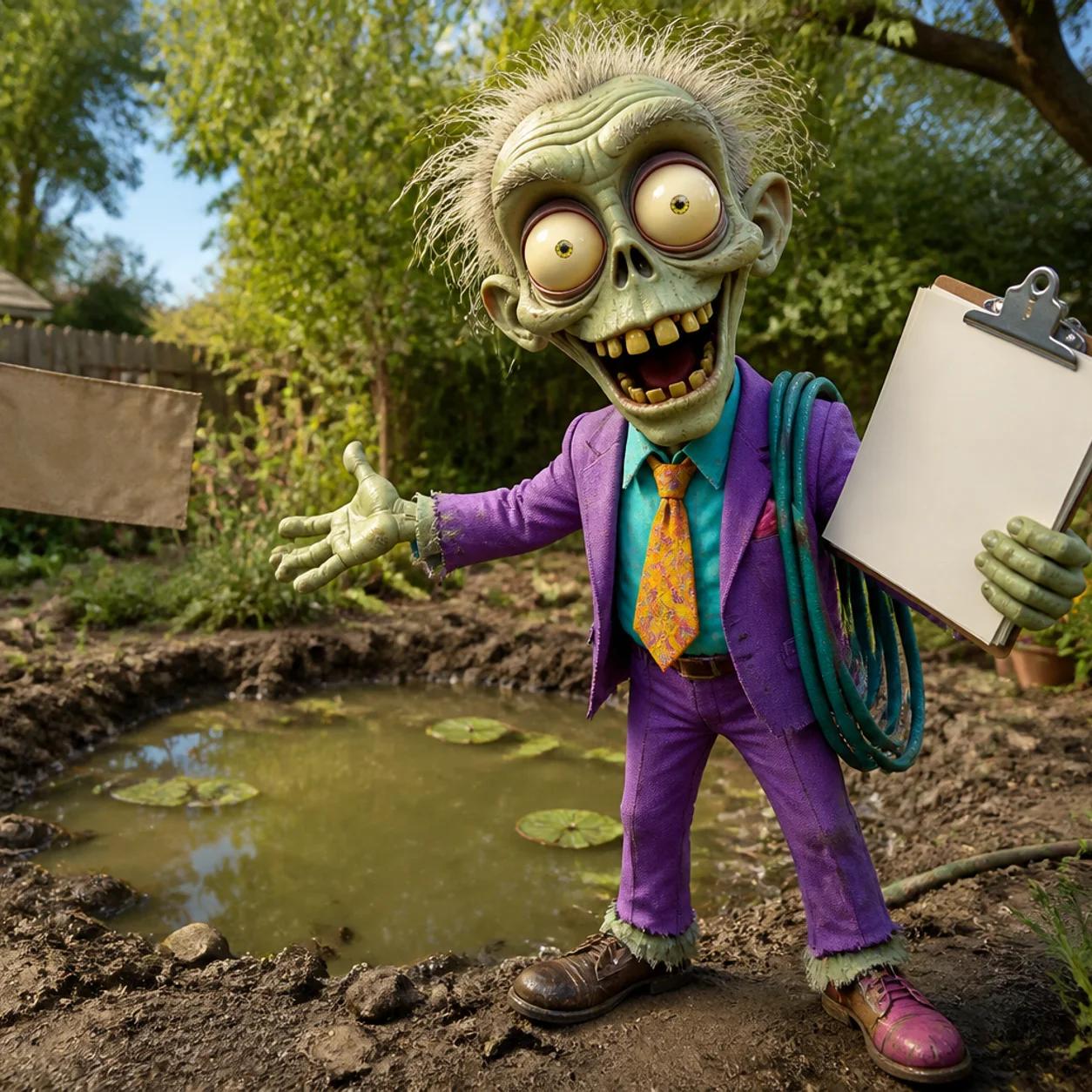 Illustration of a cartoon zombie standing beside a muddy backyard pond, gesturing enthusiastically toward it while holding a clipboard, with a shovel, wheelbarrow, and a small crooked sale flag nearby.