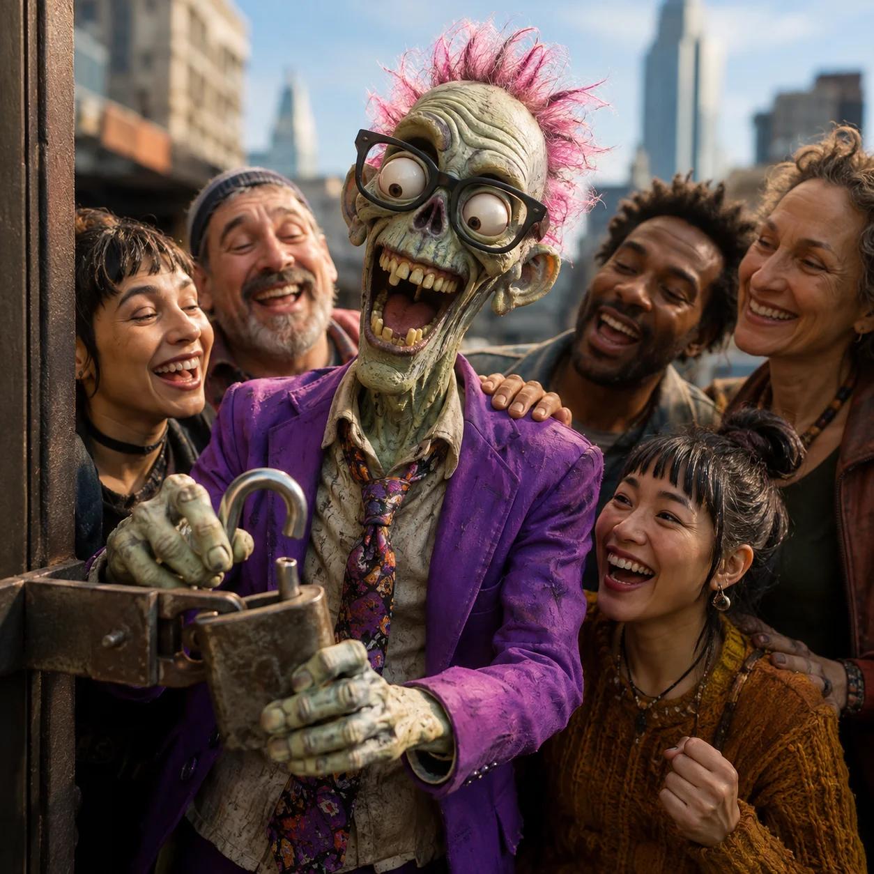 A zombie business owner unlocking a large padlock at the center of a warm circle of people gathered close together, celebrating as it clicks open.
