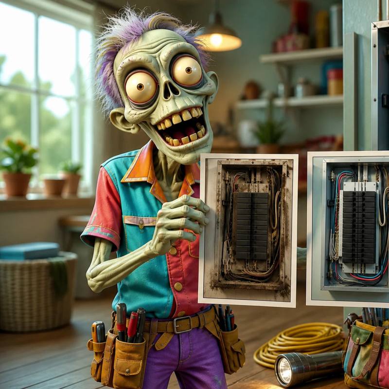 Illustration of a zombie electrician standing next to an open circuit breaker panel, holding up two printed before-and-after photos of the panel while tools sit on the ground nearby.