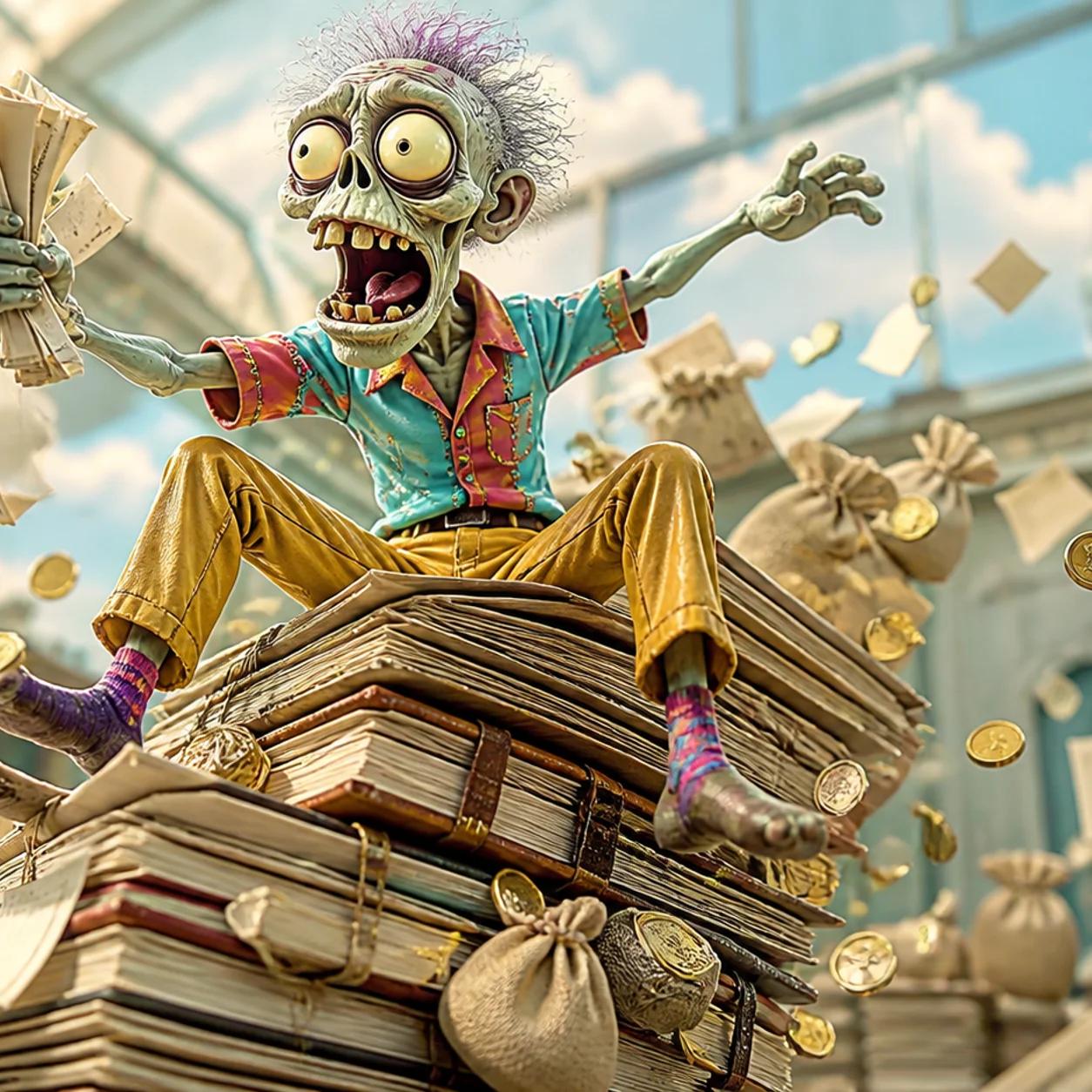 An illustrated zombie mascot perches atop a wobbly tower of ledgers and coin sacks, arms raised as receipts and coins fly through the air around it.