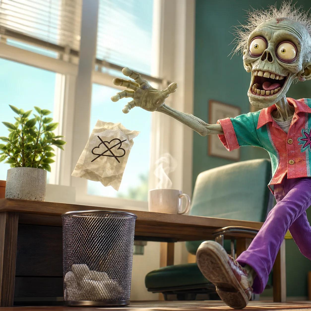 Illustration of a zombie mascot cheerfully striding into a sunny home office, tossing a crumpled calendar page into a wastebasket near a desk with a plant and a mug.