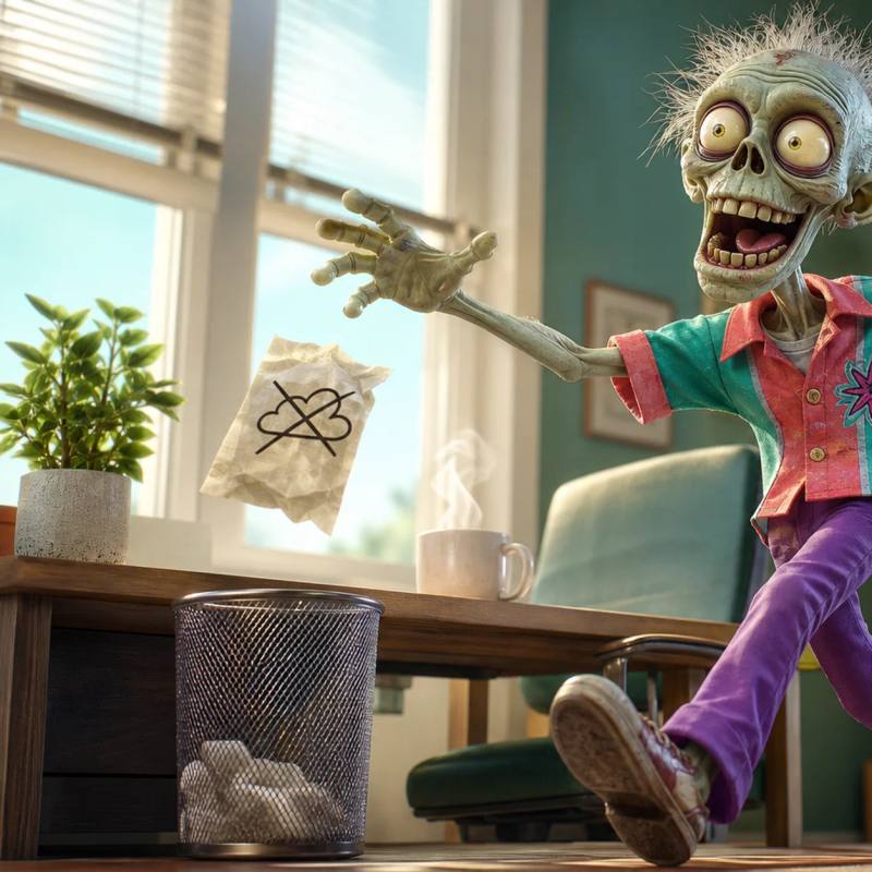Illustration of a zombie mascot cheerfully striding into a sunny home office, tossing a crumpled calendar page into a wastebasket near a desk with a plant and a mug.