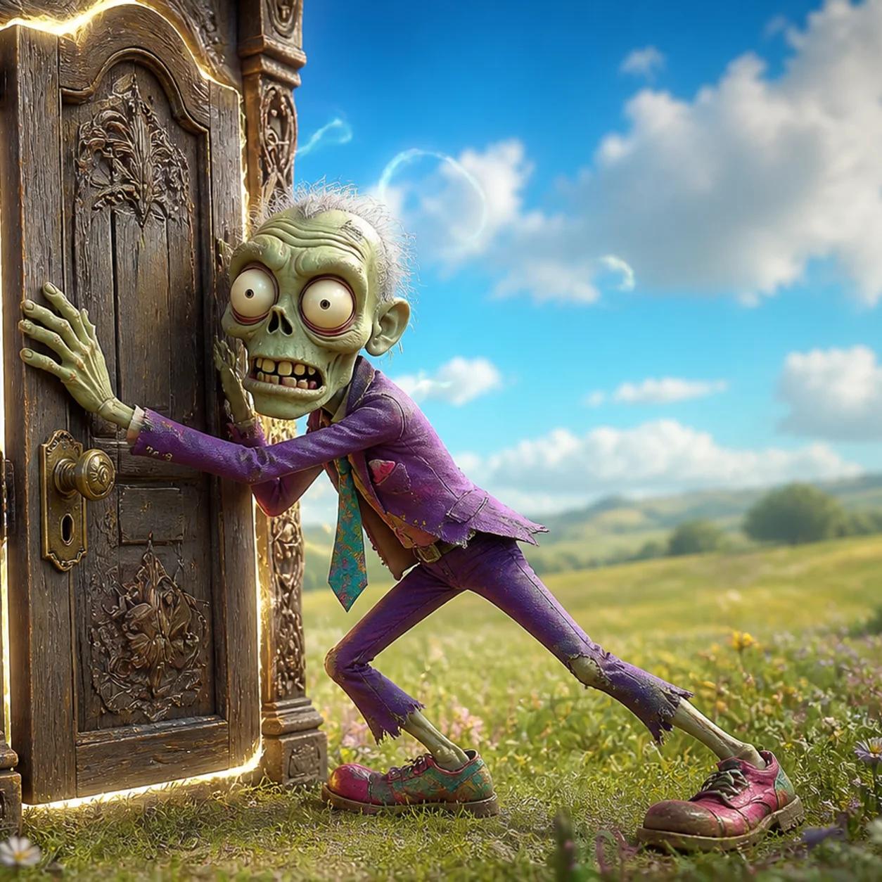 Illustration of a cartoon zombie mascot bracing itself against a large wooden door in an open field, straining to keep it shut against wisps of swirling light leaking through the cracks, with an ornate key hanging nearby.