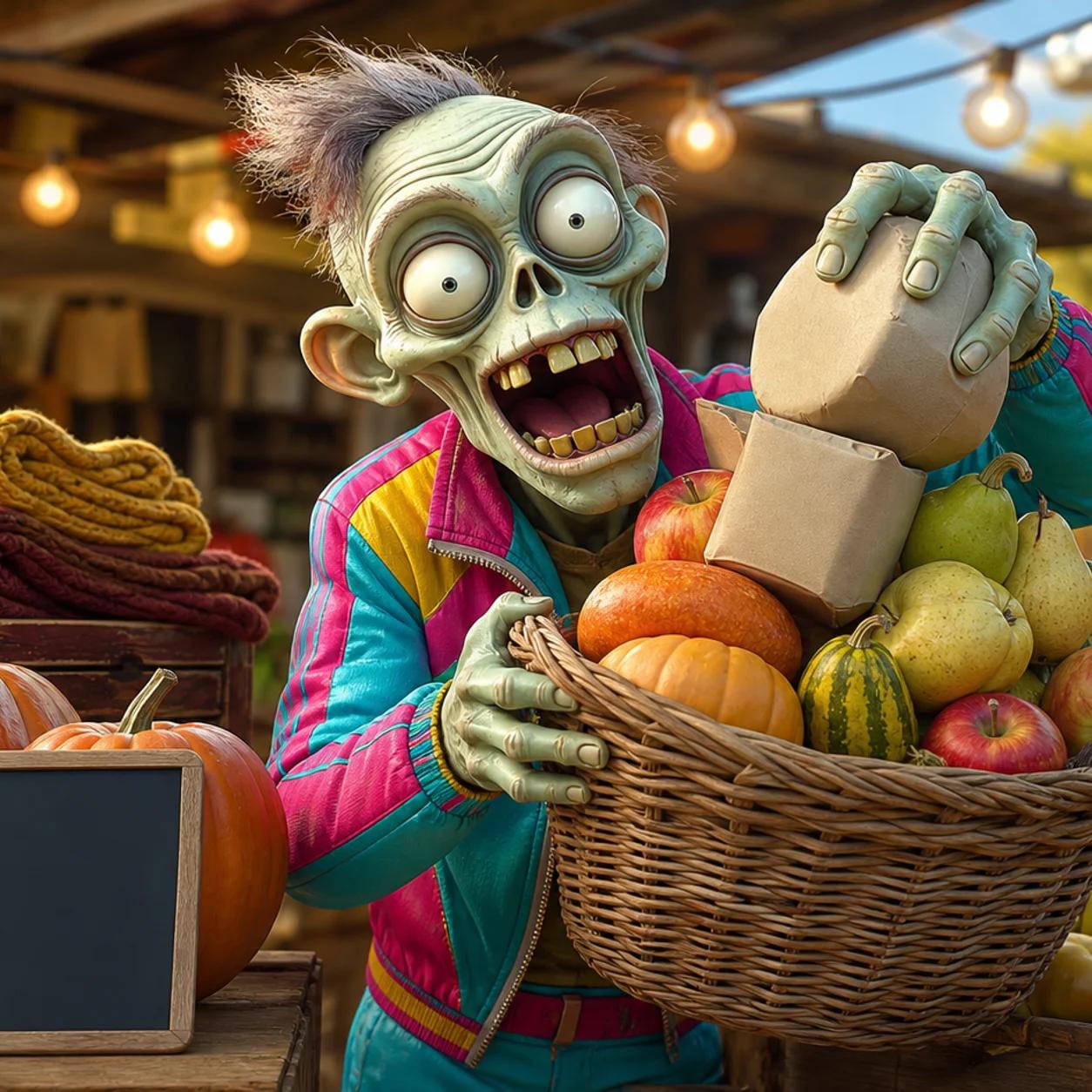 A zombie mascot behind a market stall piles extra pumpkins and goods into a customer's overflowing basket, surrounded by autumn decorations and warm string lights.