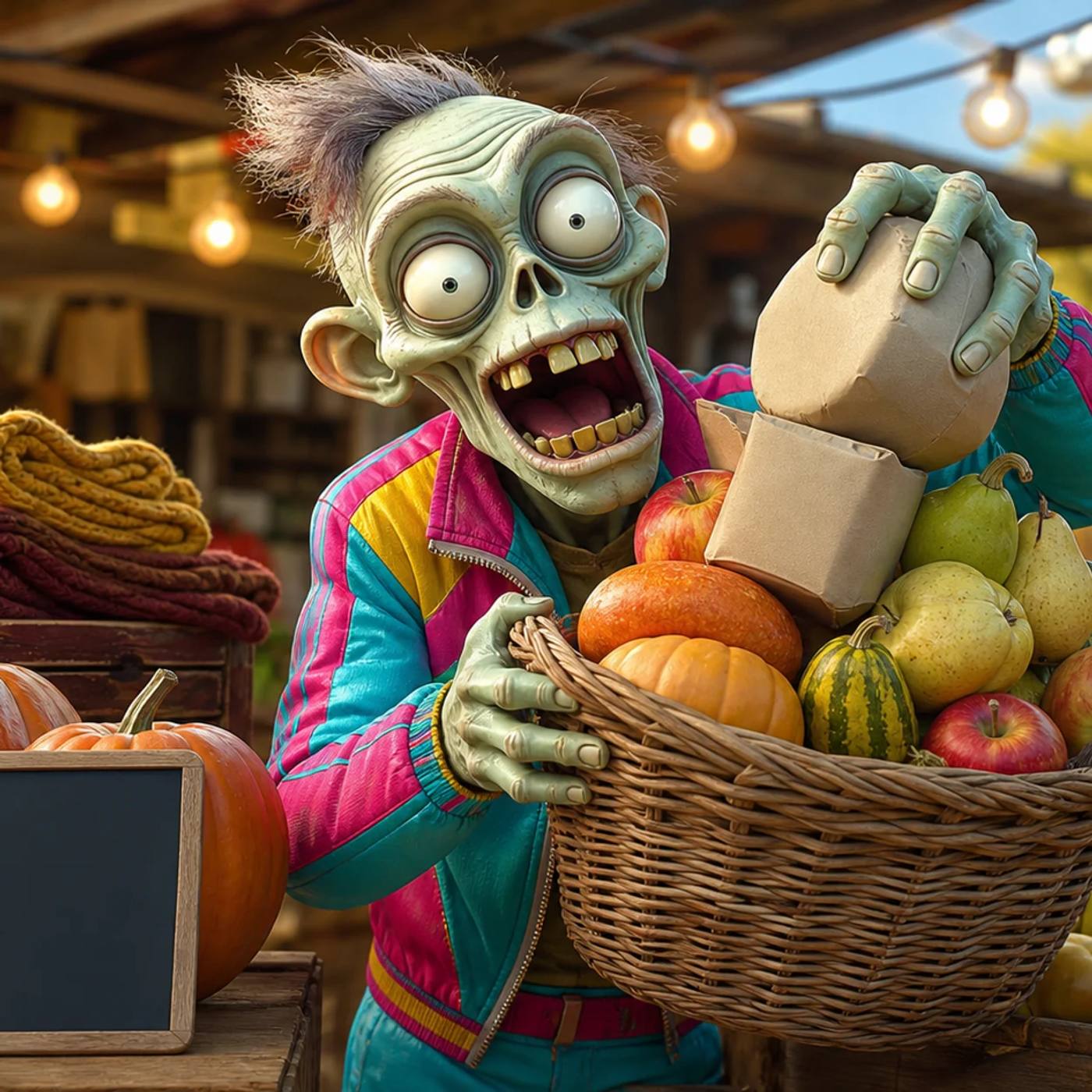 A zombie mascot behind a market stall piles extra pumpkins and goods into a customer's overflowing basket, surrounded by autumn decorations and warm string lights.