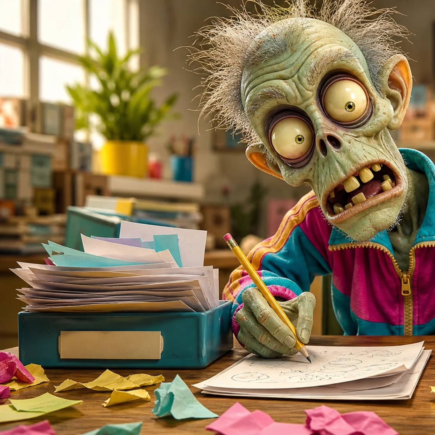 A zombie mascot sits at a messy desk, sorting stacked paper drafts into two trays and writing by hand with a pencil, with a small gear-shaped paperweight and a coffee mug nearby.