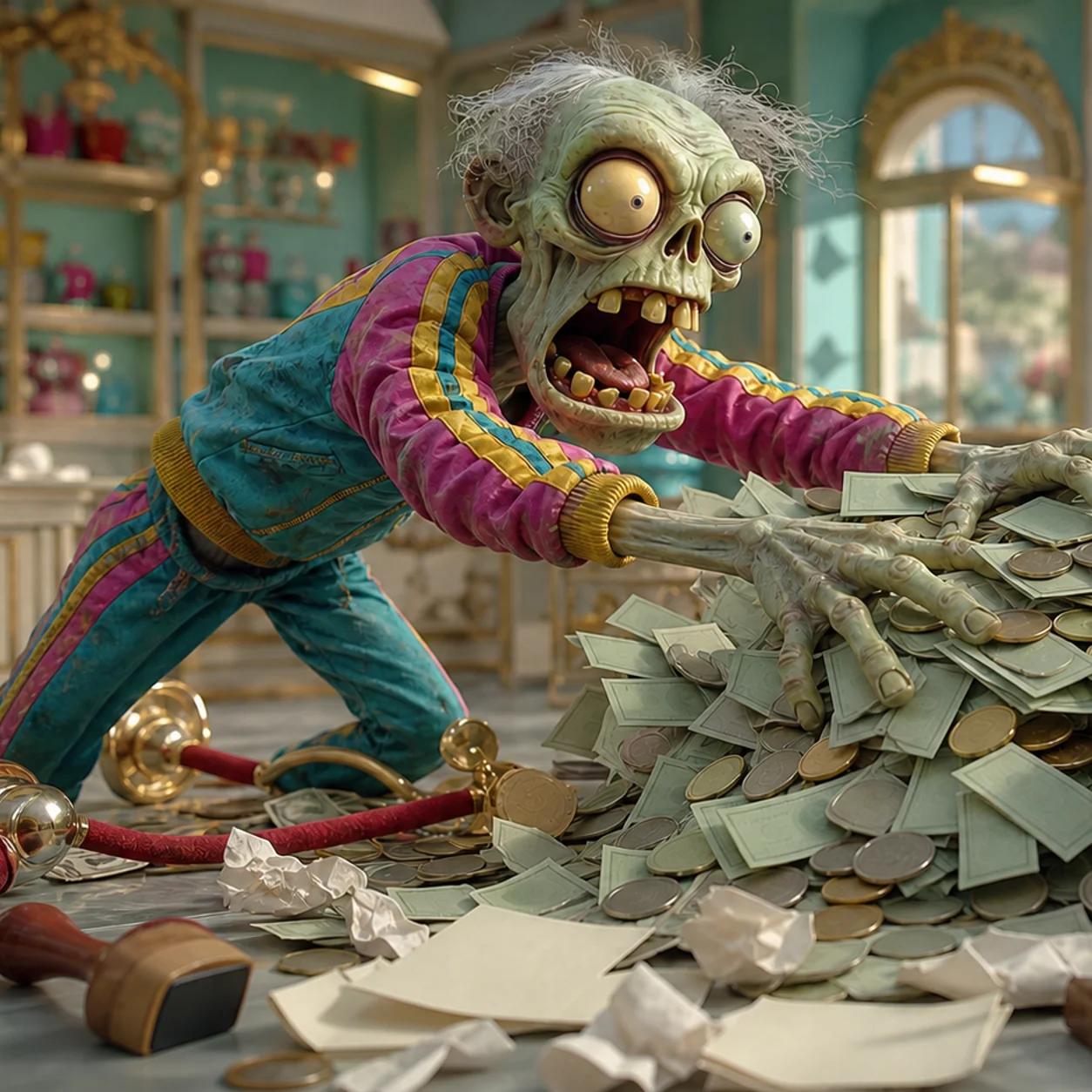 Illustration of a cartoon zombie mascot leaning over a checkout counter, arms full of cash trying to hand it over, surrounded by scattered papers and a fallen rope barrier, with no one there to accept the payment.