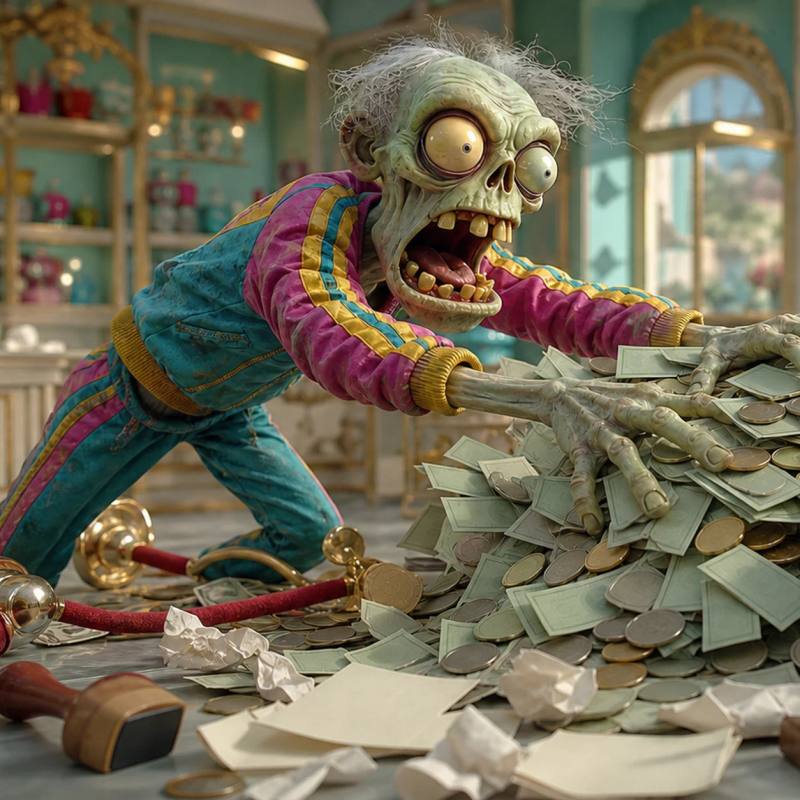 Illustration of a cartoon zombie mascot leaning over a checkout counter, arms full of cash trying to hand it over, surrounded by scattered papers and a fallen rope barrier, with no one there to accept the payment.