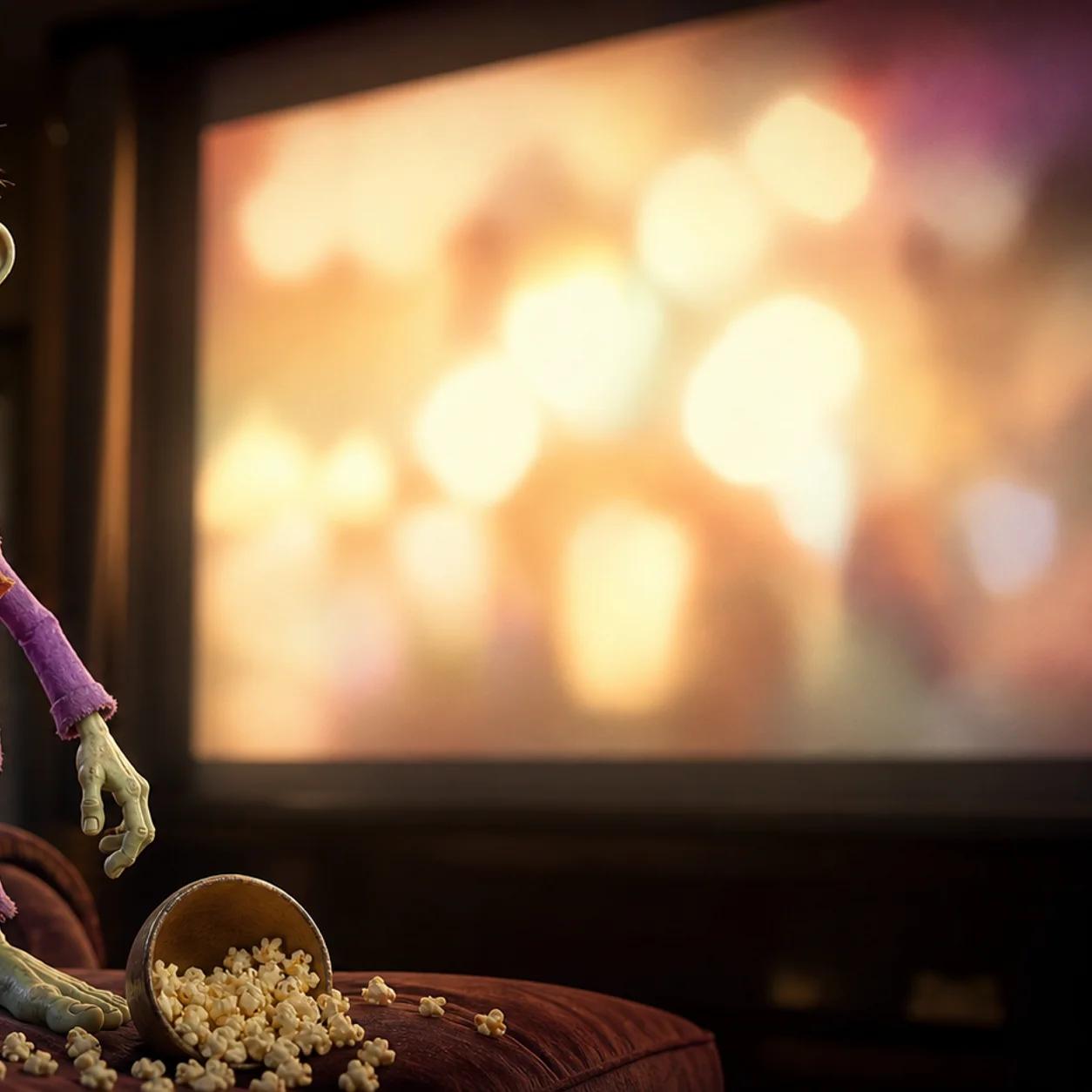 A zombie mascot sits on a couch in a dim room, wiping away tears while watching a large glowing advertisement projected on the wall, with a bowl of popcorn spilled beside its feet.