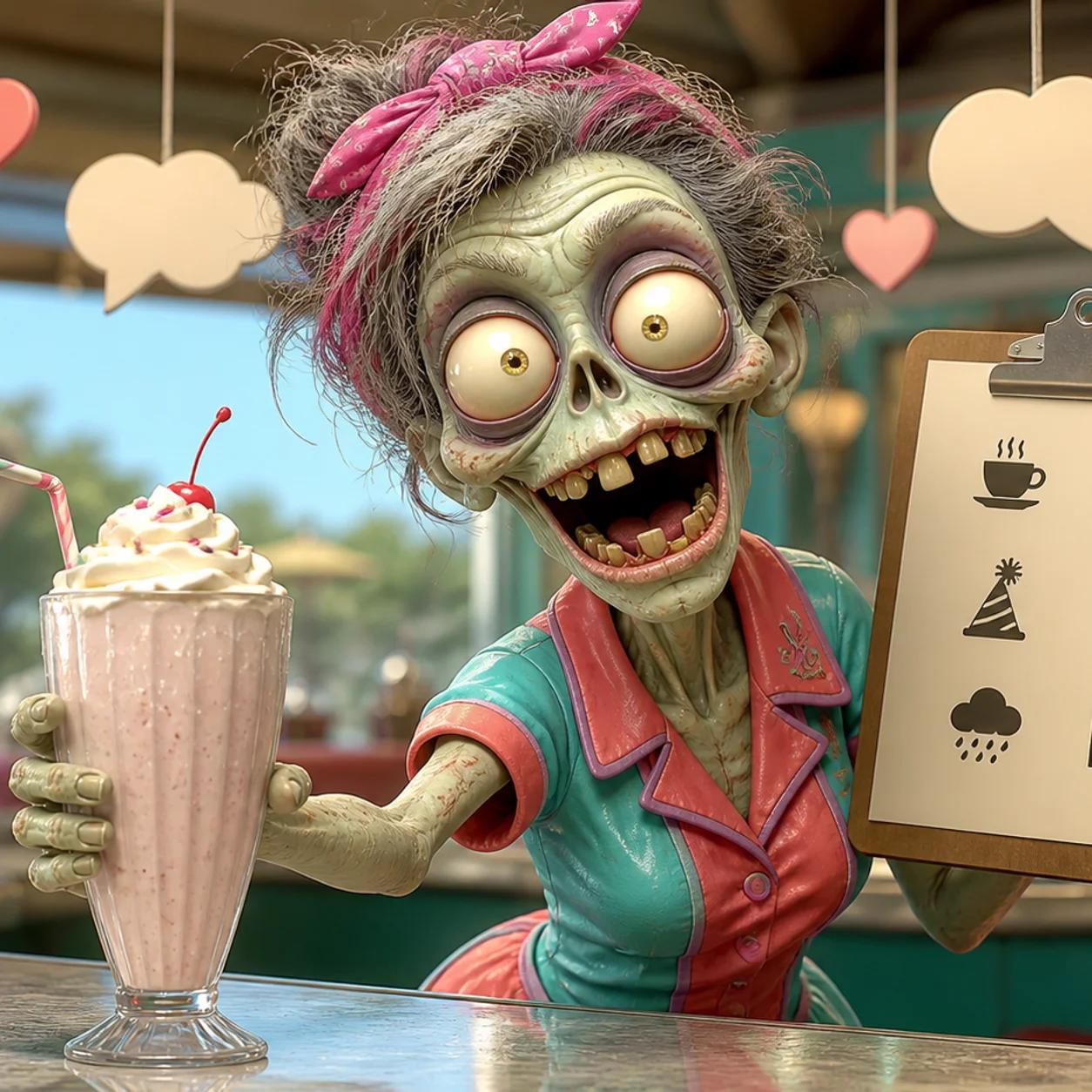 An illustrated zombie mascot stands behind a diner counter, sliding a milkshake toward the viewer while holding a clipboard with small job-related icons, with generic speech-bubble and heart icons dangling overhead like decorative string lights.