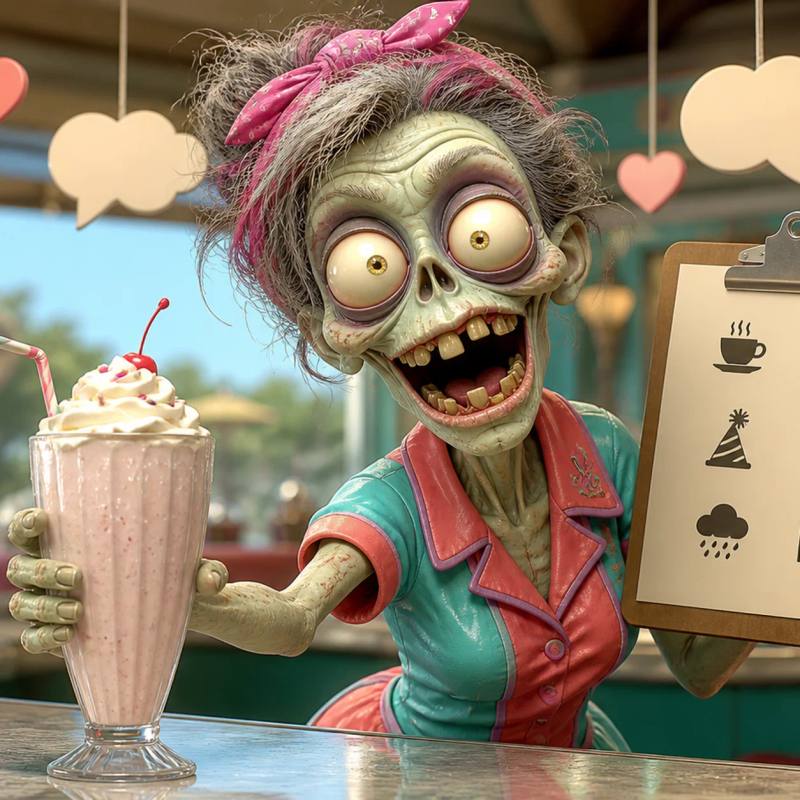 An illustrated zombie mascot stands behind a diner counter, sliding a milkshake toward the viewer while holding a clipboard with small job-related icons, with generic speech-bubble and heart icons dangling overhead like decorative string lights.
