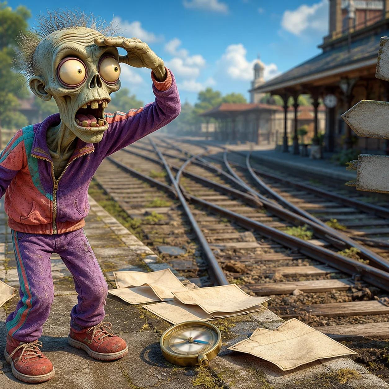 A cartoon zombie stands on a crumbling platform surrounded by signposts pointing in different directions and torn maps scattered at its feet, looking overwhelmed by the many diverging paths ahead.
