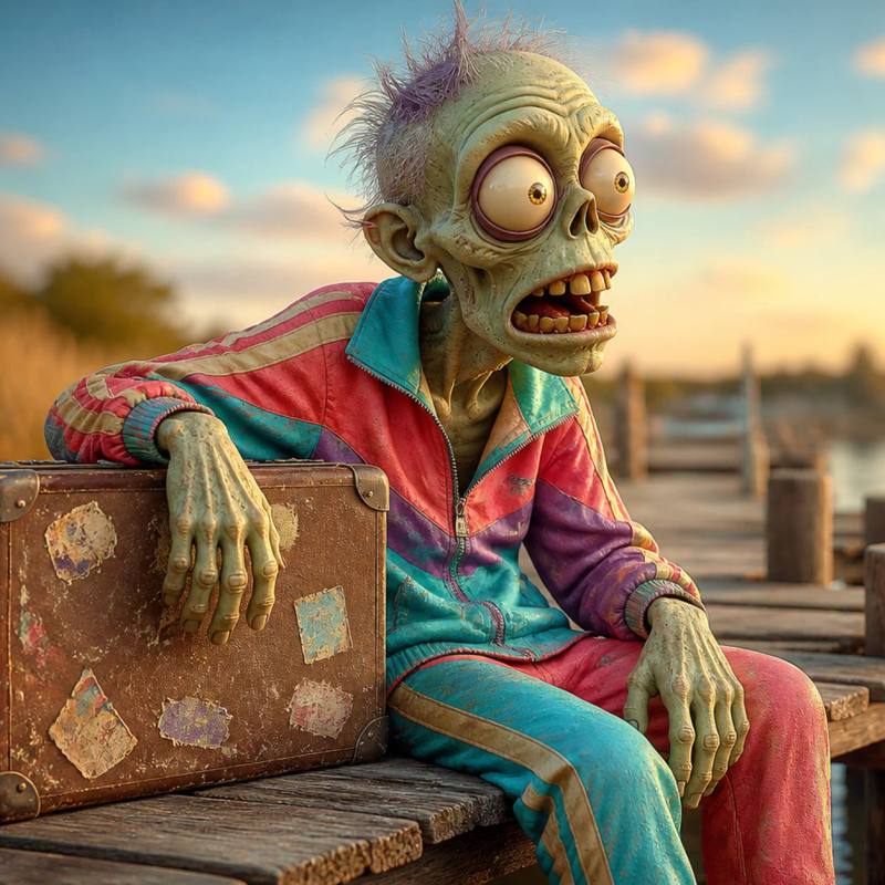 Illustration of a zombie sitting on a pier at dusk beside a worn suitcase, watching a loose calendar page blow away over the water.