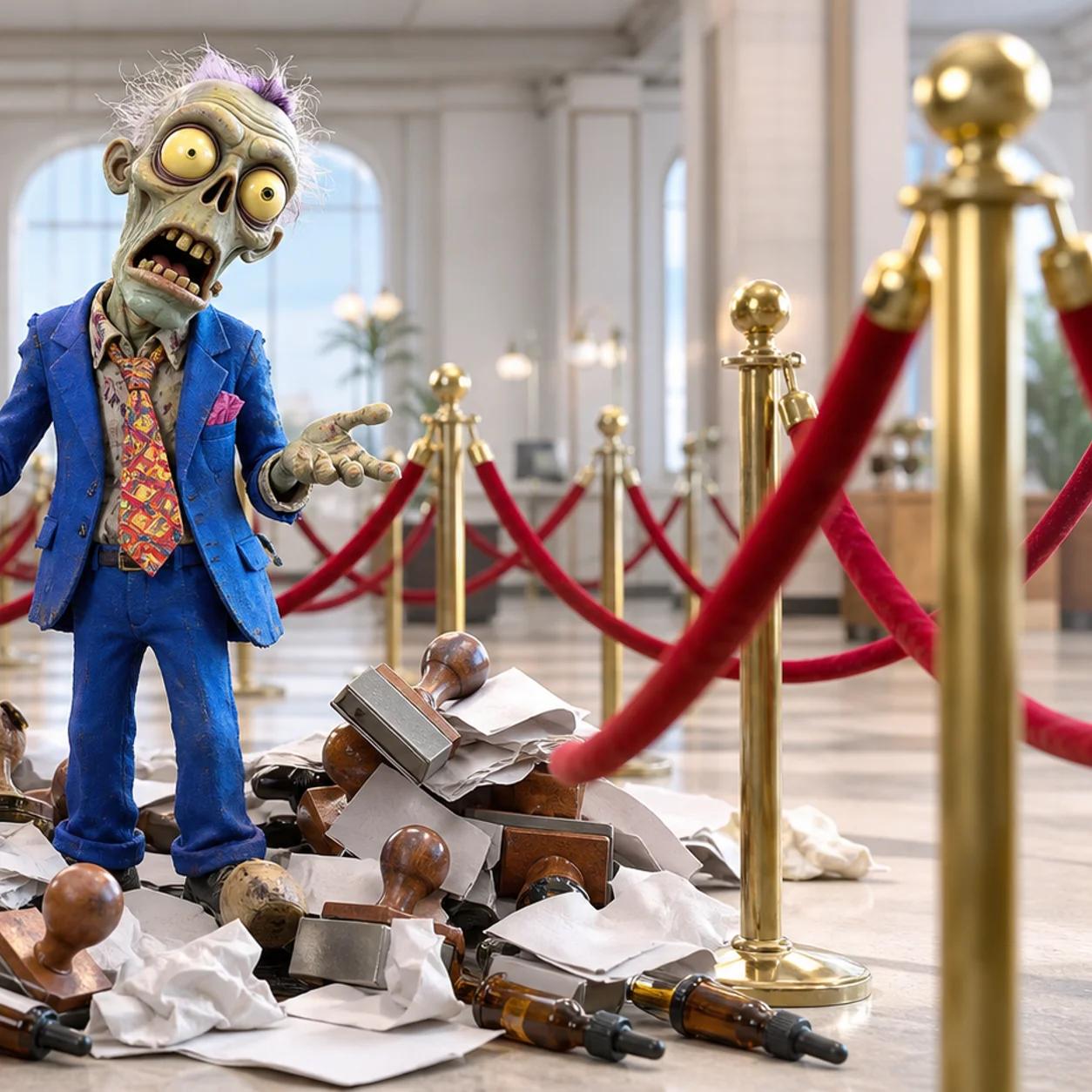 A cartoon zombie mascot looks exasperated while navigating a maze of velvet-rope stanchions, holding a large hemp leaf and surrounded by scattered CBD oil bottles, crumpled papers, and oversized 'rejected' rubber stamps.