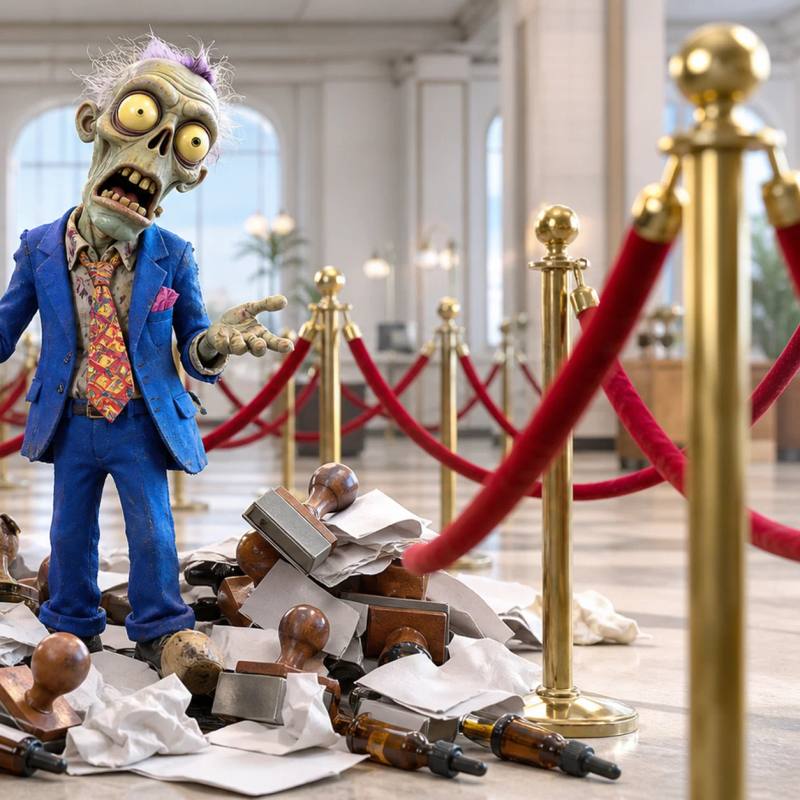 A cartoon zombie mascot looks exasperated while navigating a maze of velvet-rope stanchions, holding a large hemp leaf and surrounded by scattered CBD oil bottles, crumpled papers, and oversized 'rejected' rubber stamps.