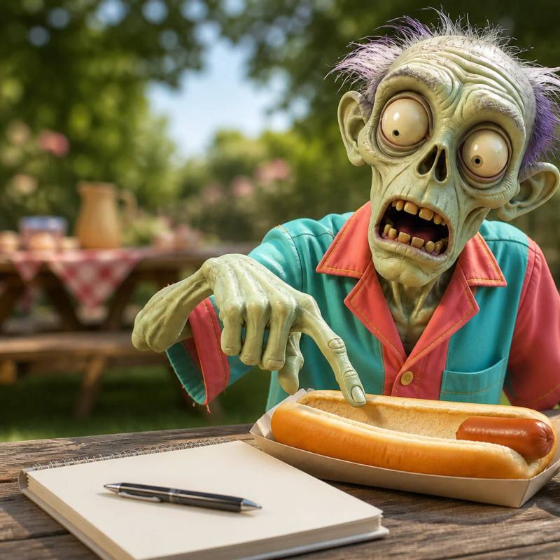 Illustration of a zombie mascot sitting at a picnic table, looking exasperated at a hot dog with a big empty gap in the bun where the sausage doesn't reach, with an unused pen and blank notepad nearby.