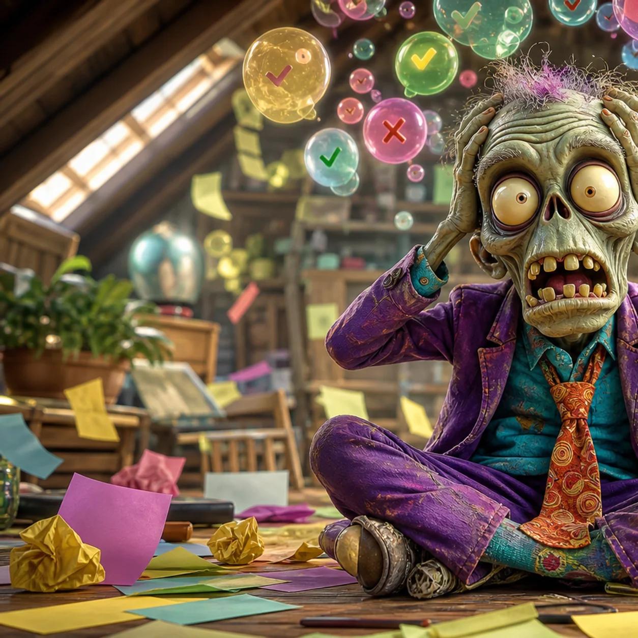 A cartoon zombie sits on the floor holding its head in its hands while a chaotic swirl of small thought-bubble icons, some marked with checks and some with X's, hover above it amid scattered papers and crumpled notes.