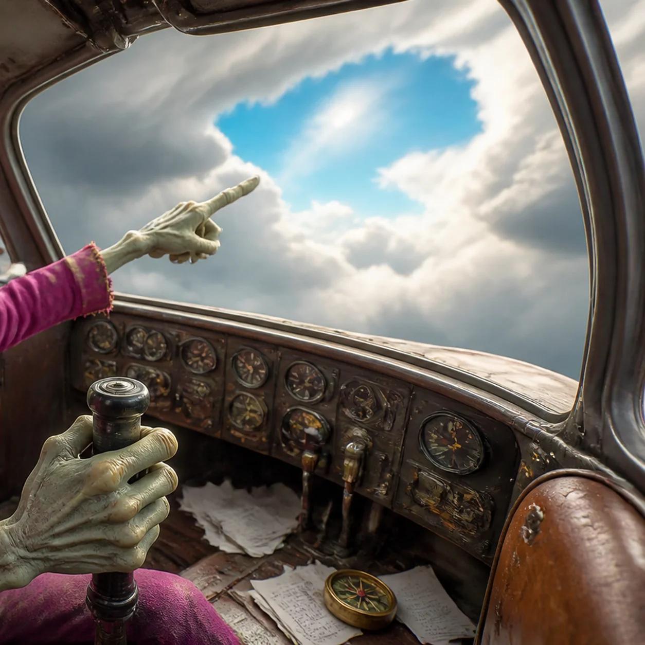 Illustration of a zombie mascot calmly piloting a small vintage airplane through stormy skies, pointing toward a patch of clear sky ahead.