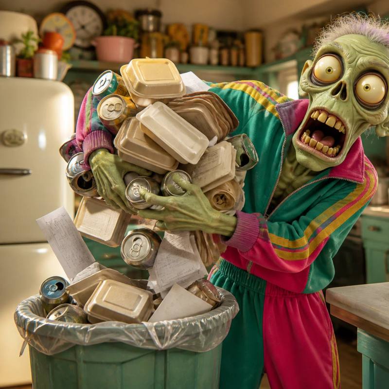A cartoon zombie mascot clears junk food and cluttered paperwork off a counter into a trash bin, leaving behind a single apple, neat folders, and a small barbell as symbols of a leaner, healthier business approach.