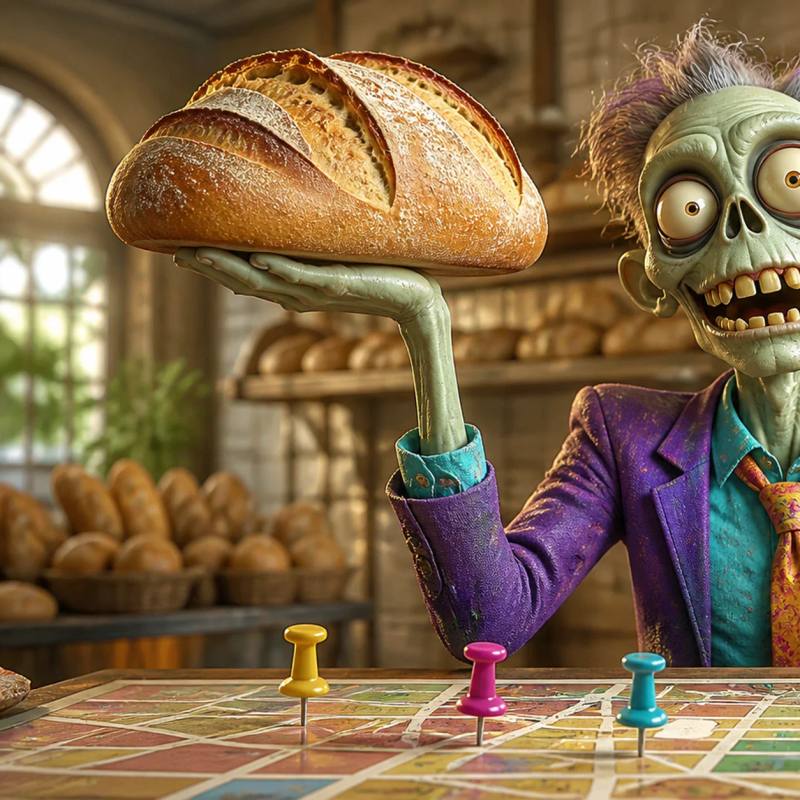 An illustrated zombie mascot proudly presents a loaf of bread and a dish of butter behind a counter, standing over a tabletop city map covered in push-pin markers.