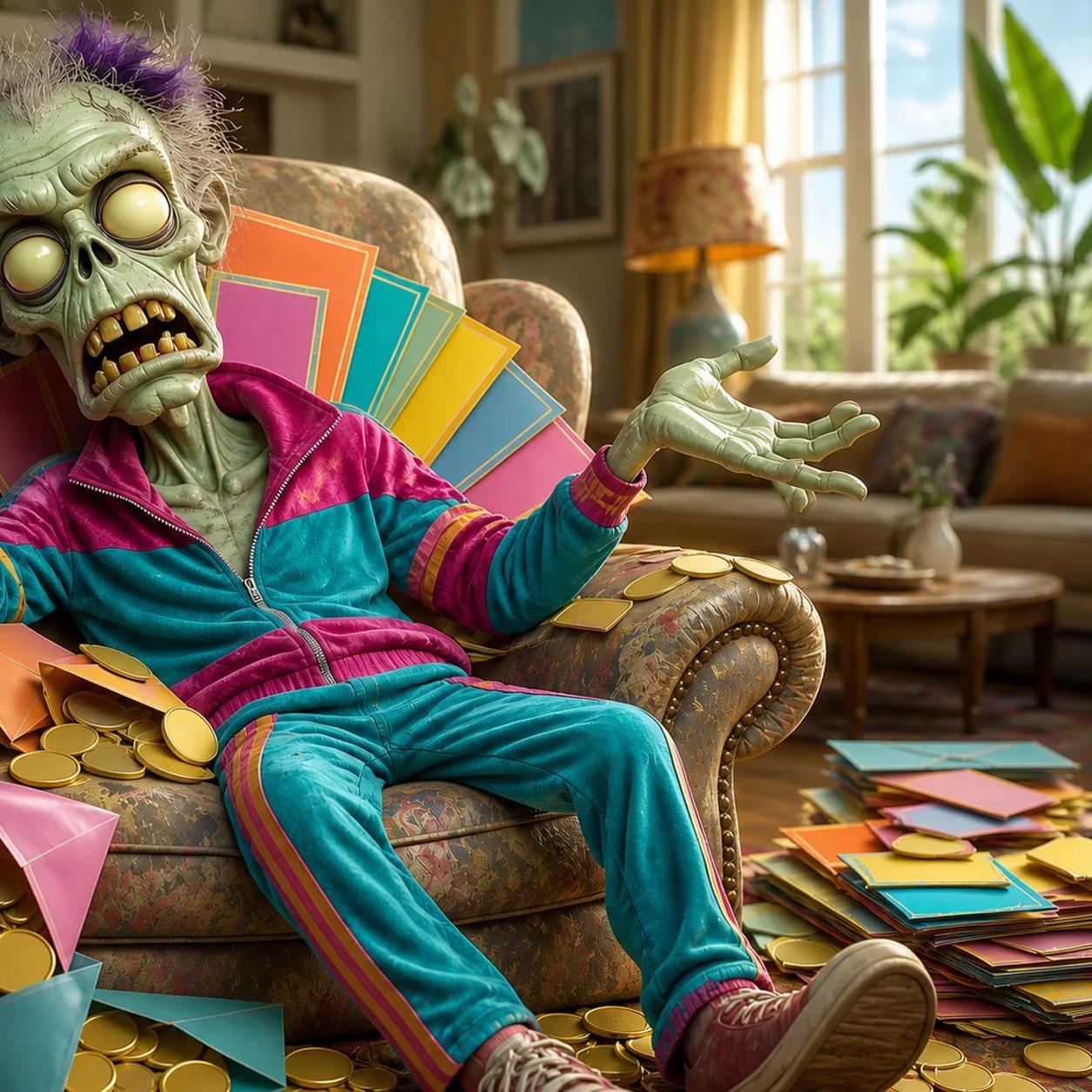 A cartoon zombie sits wearily in an armchair, holding a coupon with disdain while surrounded by piles of discarded referral flyers and fake gold coins scattered on the floor.