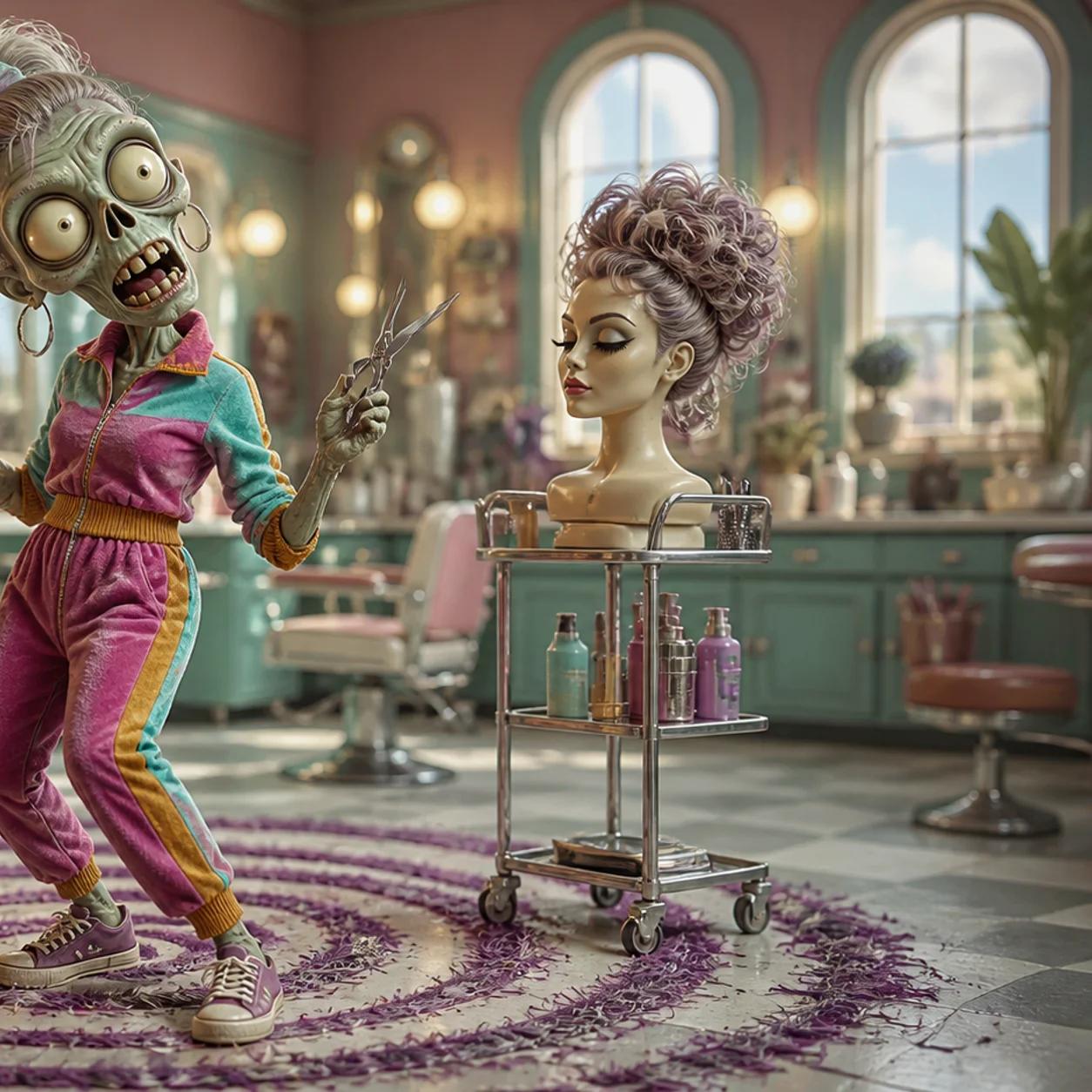 A cartoon zombie mascot dressed like a hair stylist thoughtfully trims a mannequin head's hair with comb and shears, standing over a floor swept with hair clippings arranged in a spiral pattern.