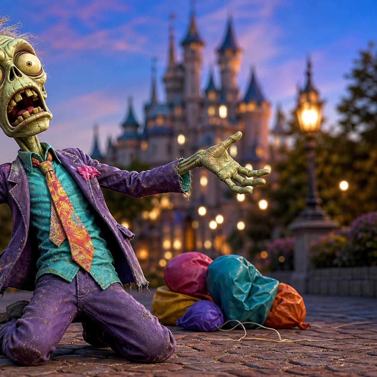 Illustration of a cartoon zombie kneeling with arms outstretched toward the night sky, holding a droopy star-tipped wand, in front of a generic fairy-tale castle silhouette with deflated balloons nearby.