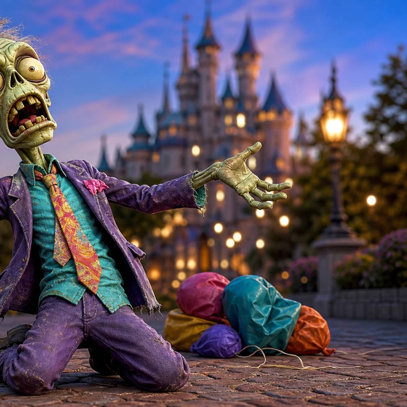 Illustration of a cartoon zombie kneeling with arms outstretched toward the night sky, holding a droopy star-tipped wand, in front of a generic fairy-tale castle silhouette with deflated balloons nearby.