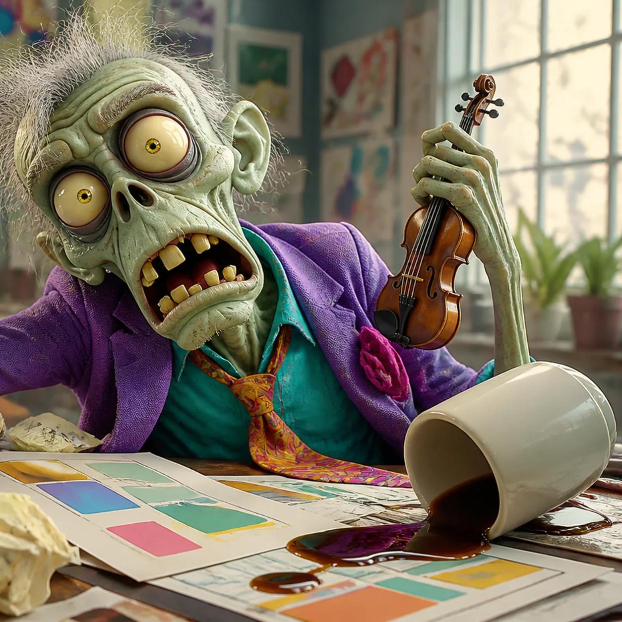 A cartoon zombie mascot sits at a messy desk, dramatically slumped and playing a tiny violin amid crumpled notes, spilled coffee, and discarded ad sketches.