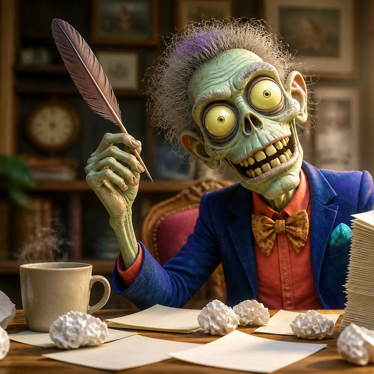 A zombie mascot sits confidently at a desk covered in papers, holding a quill aloft while resting a hand on a stack of typewritten pages, evoking a sense of calm creative mastery.