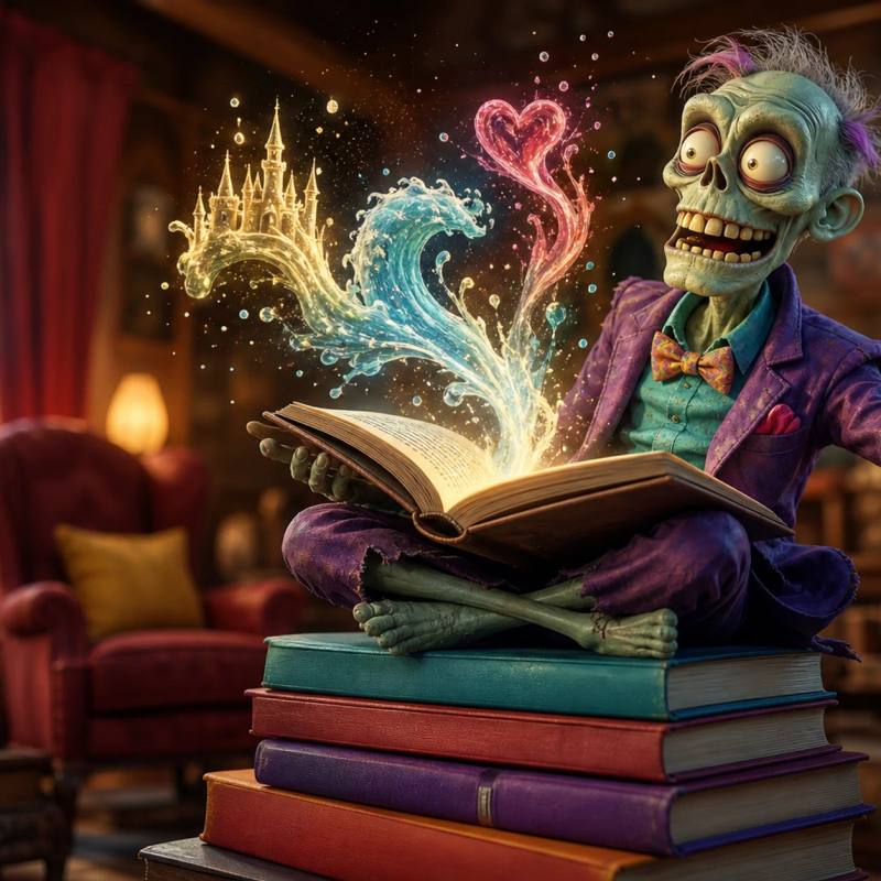 A zombie mascot sits atop a tall stack of giant storybooks, gesturing dramatically as swirling ink shapes rise from an open book and form a castle, a wave, and a heart in the air.