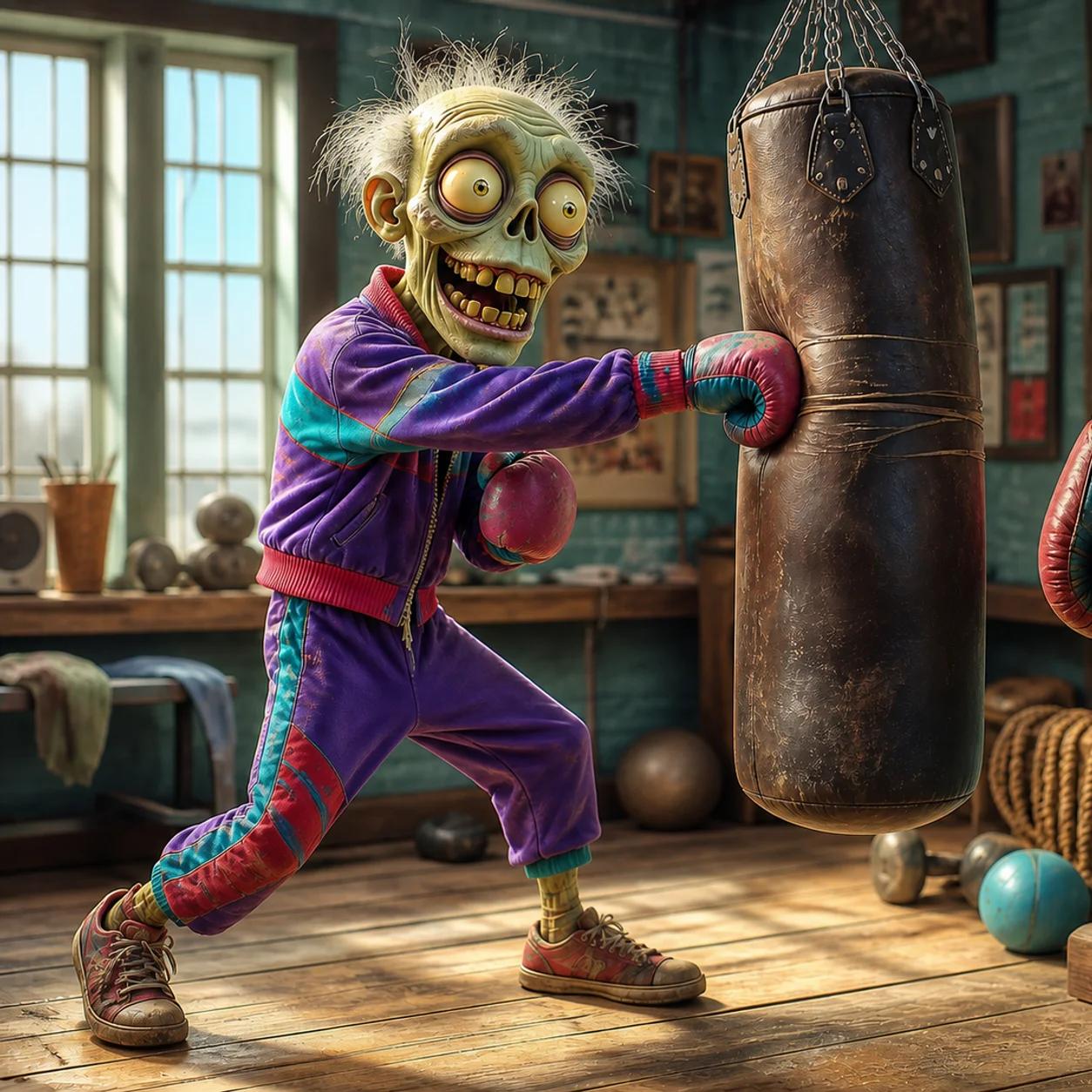 A zombie mascot throws a boxing jab at a hanging heavy bag in a gritty gym, with an old pair of oversized boxing gloves hanging on the wall nearby a cluttered board of taped-up photos.