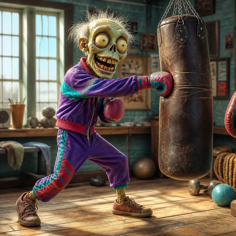 A zombie mascot throws a boxing jab at a hanging heavy bag in a gritty gym, with an old pair of oversized boxing gloves hanging on the wall nearby a cluttered board of taped-up photos.