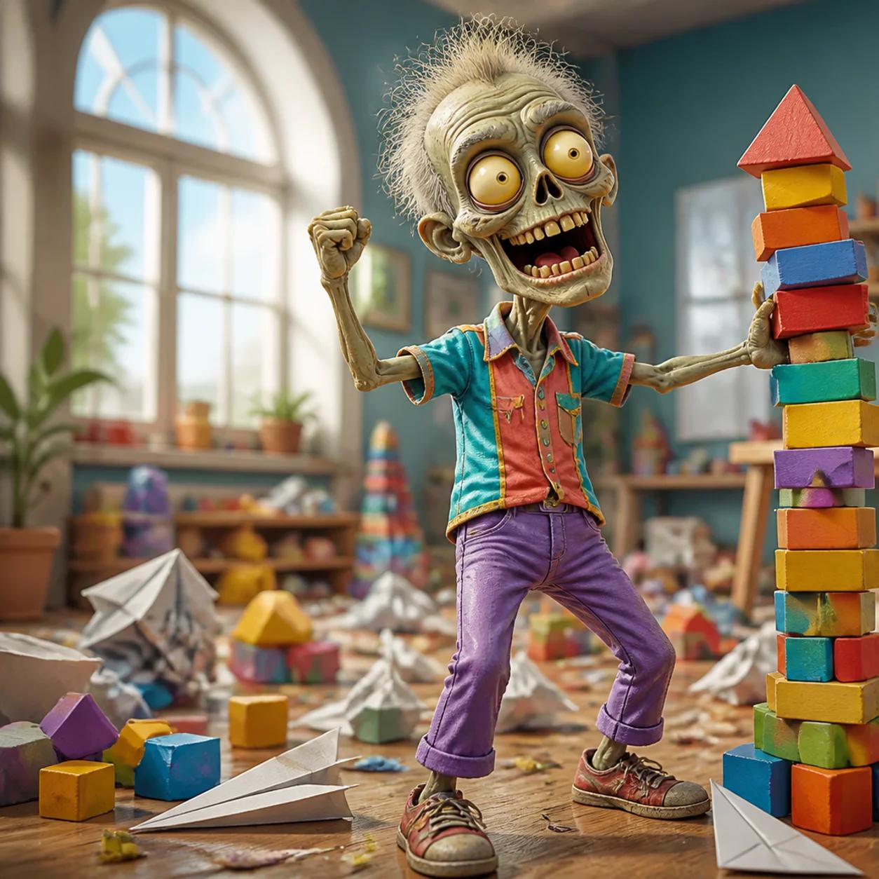 A cartoon zombie mascot beams with pride while holding up a wobbly, lopsided tower of blocks, surrounded by the fallen remains of many previous failed attempts.