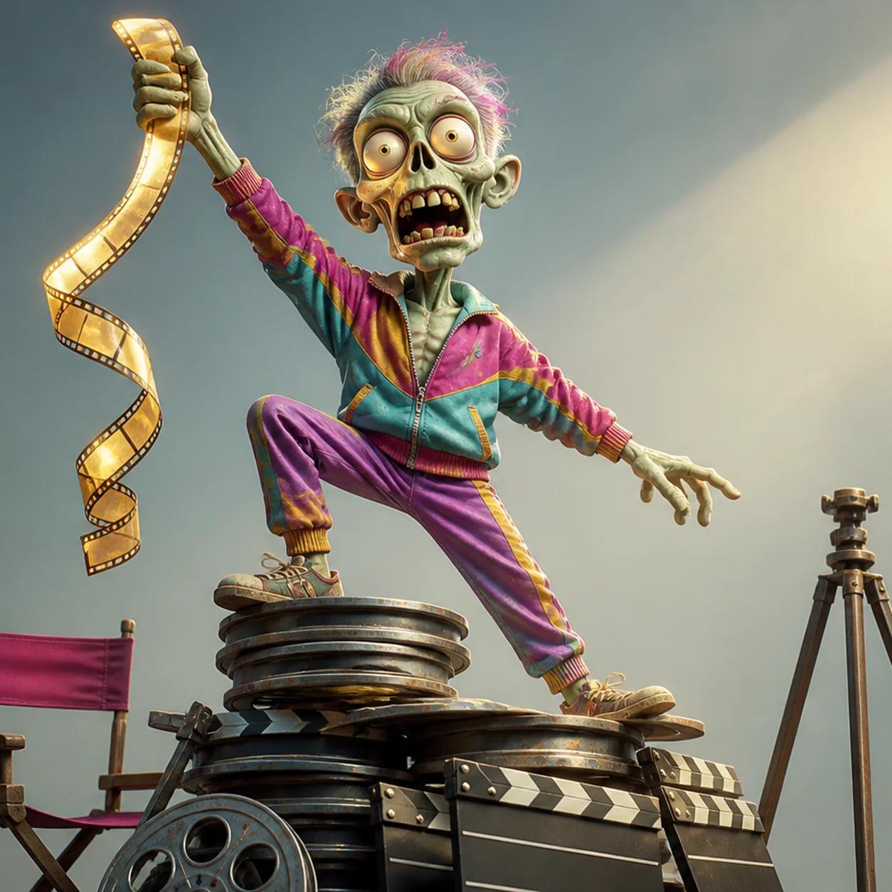 Illustration of a zombie mascot standing victoriously on a pile of film reels, holding up a single filmstrip in triumph next to a director's chair and tripod under a spotlight.