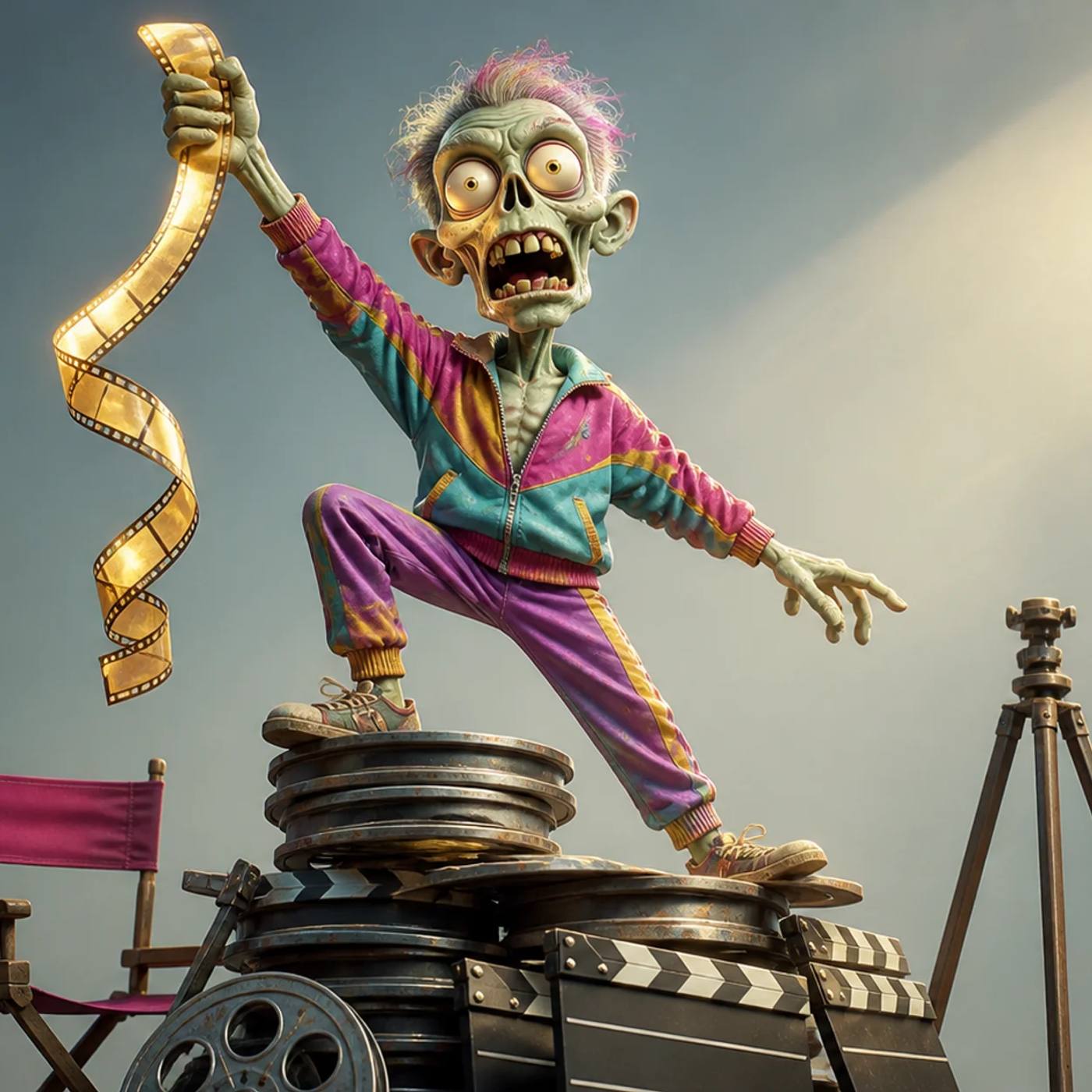 Illustration of a zombie mascot standing victoriously on a pile of film reels, holding up a single filmstrip in triumph next to a director's chair and tripod under a spotlight.