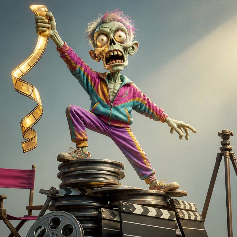 Illustration of a zombie mascot standing victoriously on a pile of film reels, holding up a single filmstrip in triumph next to a director's chair and tripod under a spotlight.