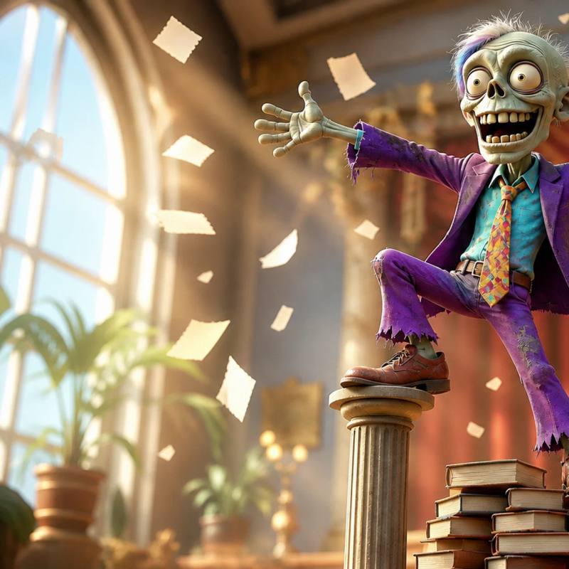 An illustrated zombie character stands triumphantly on a stack of books with arms raised in a victorious power pose, surrounded by scraps of torn paper fluttering in the air like confetti.