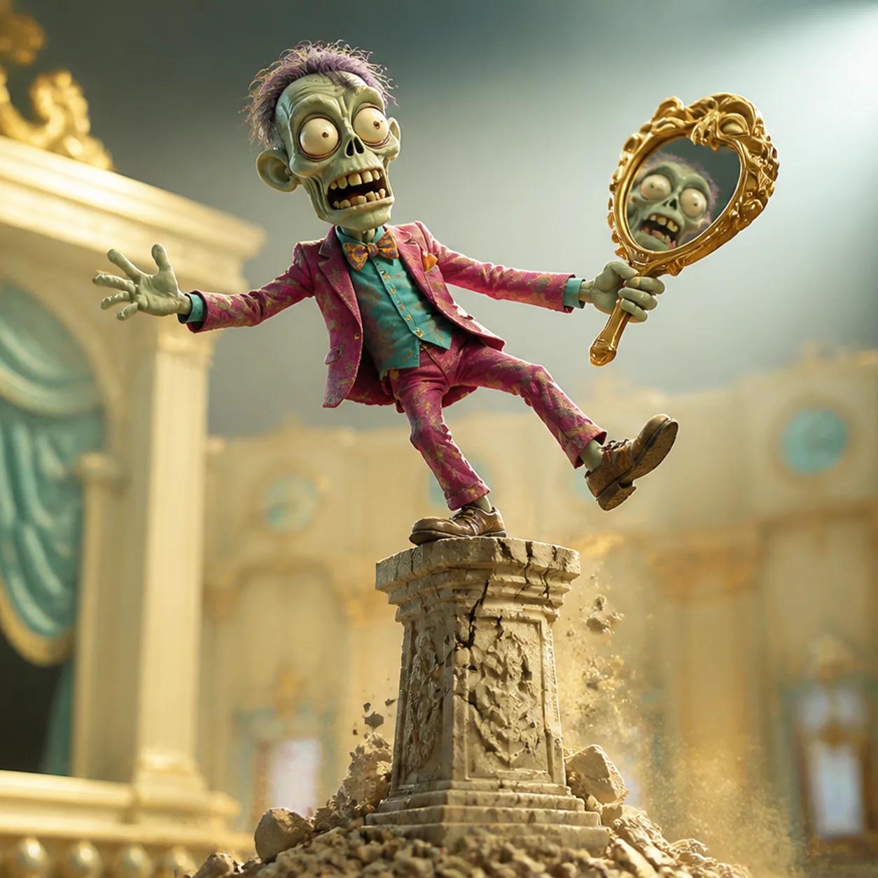 A zombie mascot balances precariously on a tall, crumbling pedestal under a spotlight, holding a large gilded mirror shaped like its own face.