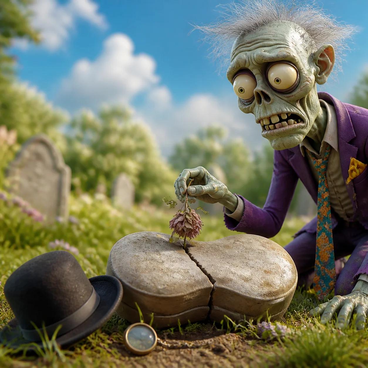 A zombie mascot kneels in a graveyard, laying a wilted flower on a broken peanut-shaped tombstone next to a fallen top hat and monocle.