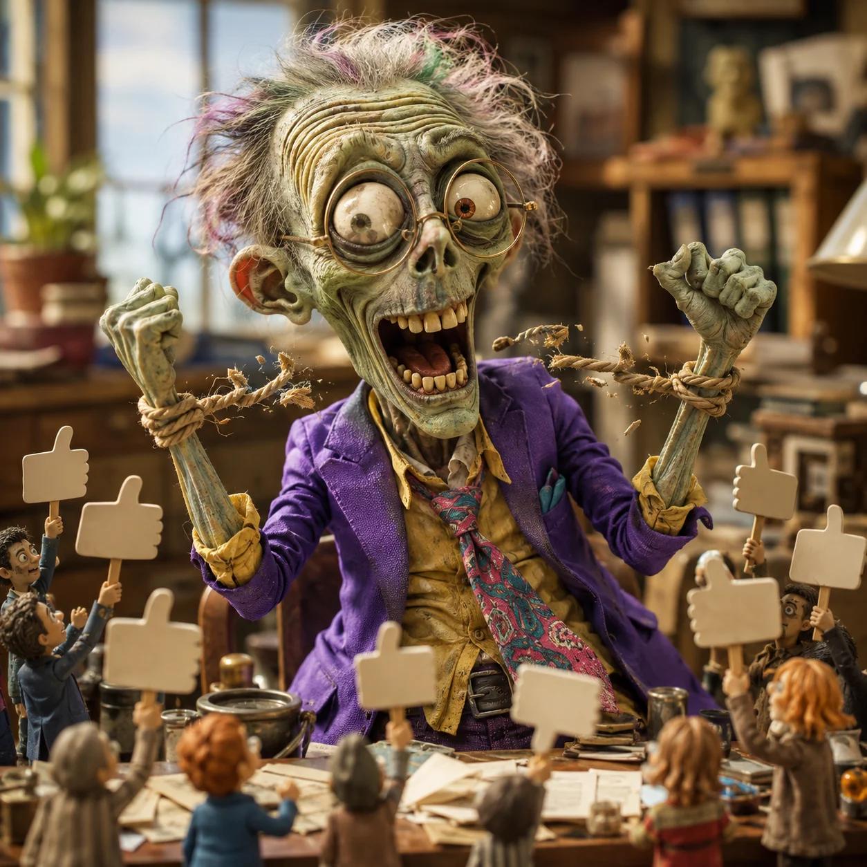 A zombie entrepreneur bound by rope, surrounded by tiny figures holding up blank approval signs, breaking free to move forward on his own.