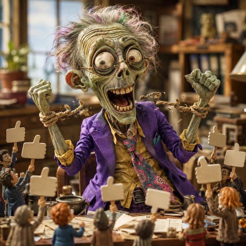 A zombie entrepreneur bound by rope, surrounded by tiny figures holding up blank approval signs, breaking free to move forward on his own.